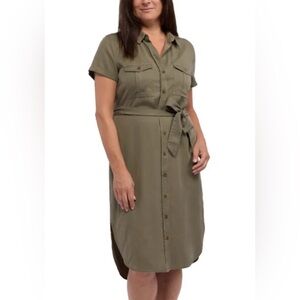 Khaki Button-Front Midi Dress
